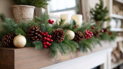 Poster - Close-up of a Christmas garland with pine needles, pinecones, and red berries on a wooden mantel, adding warmth to the holiday spirit