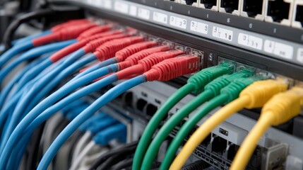Aufkleber - Colorful fiber optic cables are plugged into a network switch, highlighting the essential infrastructure for hybrid cloud data systems in a modern facility