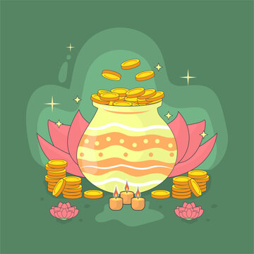 A festive illustration celebrating Akshaya Tritiya, featuring a decorative pot overflowing with shimmering gold coins, flanked by stacked coins, blooming lotus flowers, and glowing oil lamps