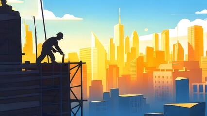Aufkleber - 黄色の光の建設現場の高層ビルと労働者のシルエットと詳細な都会の風景のパノラマビュー