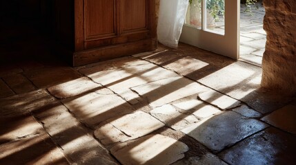 Aufkleber - Sunlight streams through a window, creating warm shadows on the textured stone floor, offering a sense of nostalgia and tranquility in a cozy environment