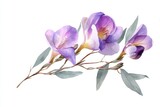 Delicate purple freesia blossoms on a branch with muted leaves.