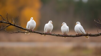 Aufkleber - Four white doves are standing in a line on a branch, surrounded by a softly blurred natural backdrop, creating a peaceful and calming atmosphere