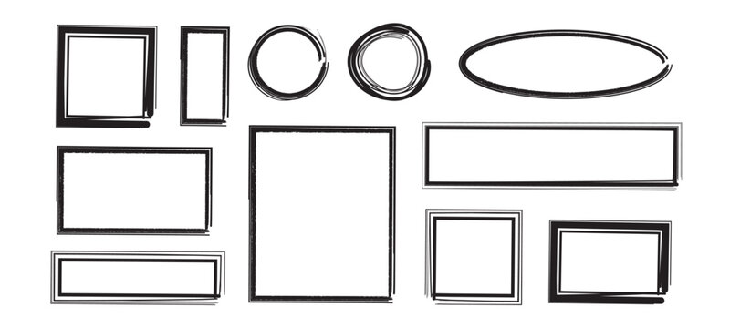 Brush stroke frames line, Text box outline frame, ink paint brush square rectangle circle and oval   shapes in Hand-drawn style set, Brush borders Vector illustration