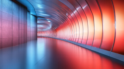 Poster - Abstract futuristic red and blue glass corridor with light motion, A modern spectacle of light and neon color, Vibrant futuristic glowing lights creating a perfect technology and cyberpunk themed.