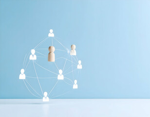 Poster - Global Business Network Structure with Wooden Figures Connected by Dotted Lines on Light Blue Background