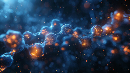 Poster - abstract illustration of molecular structure with glowing particles. intricate network of connected,