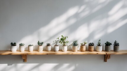 Leinwandbilder - A row of assorted succulents is neatly arranged in minimal ceramic pots on a light wooden shelf, illuminated by soft sunlight from a nearby window