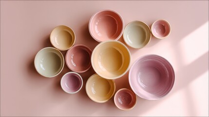 Leinwandbilder - Handcrafted pottery bowls are thoughtfully arranged in a flowing pattern on a pale coral background, highlighting their unique charm and craftsmanship