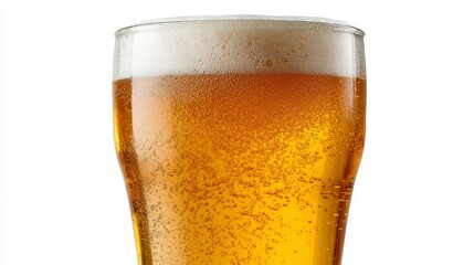 Poster - Bright golden beer fills a clear glass, featuring a frothy foam head and bubbles, set against a minimalistic white background ideal for marketing and advertising