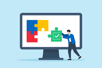Poster - Flat illustration of remote worker assembling checklist puzzle pieces on digital screen to complete online task management process