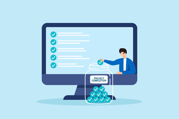 Poster - Flat illustration of remote worker filling jar with completed task marbles to measure project completion in digital productivity system