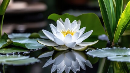 Aufkleber - Delicate white lotus flower floating on calm water nature scene close-up view serene environment