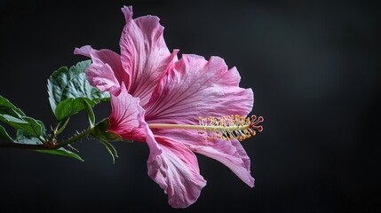 Poster - Vibrant pink hibiscus flower tropical garden nature photography dark background close-up view beauty of flora