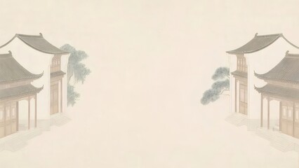 Aufkleber - ソフトグレーの背景に伝統的な中国建築物の水彩画の風景、アジアの文化的建築様式を特徴とする、歴史的要素を取り入れた静かなシーン