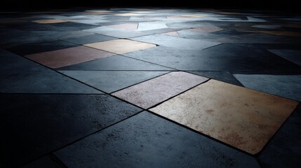 Fototapete - Triangular patterns crafted from rough concrete, enhanced by soft ambient lighting, creating an intriguing visual effect
