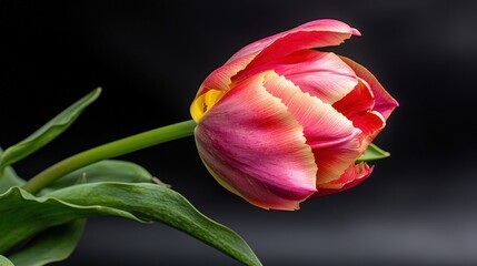 Poster - Blooming tulip flower close-up nature photography dark background vibrant colors artistic perspective