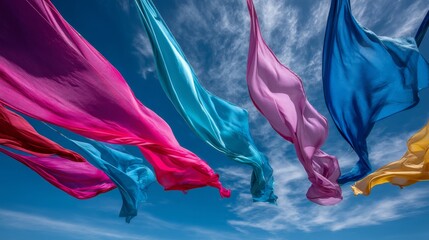 Poster - Colorful satin ribbons flutter gracefully in mid-air, creating a lively visual against a rich blue sky illuminated by bright sunlight and soft clouds