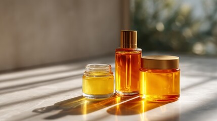 Aufkleber - Premium skincare products are elegantly arranged on a smooth white marble surface. Golden accents shimmer in natural light, enhancing their luxurious appeal