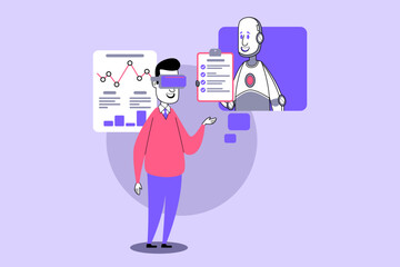 Poster - Person wearing virtual reality headset interacting with AI assistant and analyzing data charts in contemporary office setting during daytime