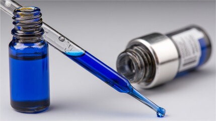 Poster - Macro view reveals a dropper bottle filled with electric blue serum, highlighting its shape and transparency with dramatic backlighting for visual impact