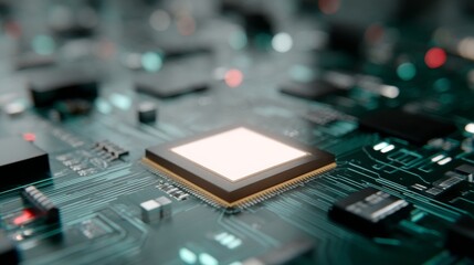Leinwandbilder - Close-up of a computer motherboard highlights a central AI chip emitting a soft glow, surrounded by complex circuits and reflective surfaces in cool tones