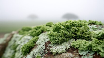 Poster - Close-up of a lichen-covered rock set in a misty woodland, where the shallow depth of field enhances the enchanting texture and serene feel of the environment