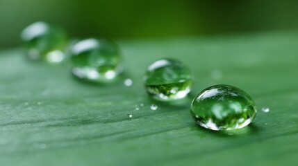 Poster - Water droplets delicately rest on a bright green leaf, reflecting sunlight and creating soft highlights, embodying a fresh and natural aesthetic