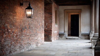 Poster - In a peaceful courtyard at dusk, a single lantern casts a warm glow against textured brick, creating an inviting atmosphere of quiet reflection