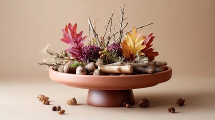 Aufkleber - A warm-toned pedestal showcases dried autumn leaves and twigs in earthy terracotta tones, perfect for seasonal branding and decoration ideas during fall