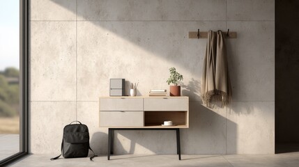 Aufkleber - A sleek hallway showcases a minimalist console table adorned with books and a plant, while natural light gracefully illuminates the modern space