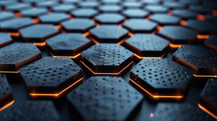 Poster - Abstract dark blue hexagonal pattern with glowing orange lines.