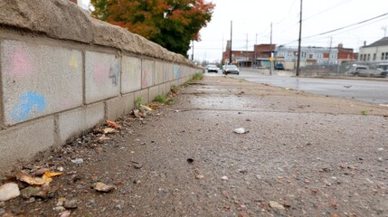 Poster - A weathered concrete wall stands in a deserted urban alley, showcasing faint graffiti and scattered debris, reflecting a raw industrial aesthetic of city life