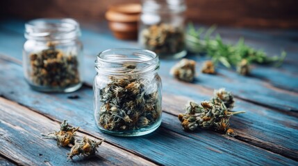 Poster - Soft natural light highlights glass jars filled with chamomile buds on a rustic wooden shelf, creating a calm and inviting atmosphere perfect for relaxation