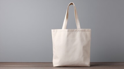 Poster - Stylish beige canvas tote bag folded naturally on a neutral stone surface, showcasing its versatility for branding opportunities and retail design projects