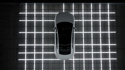 Poster - Overhead View of Car on Reflective Surface with LED Light Grid