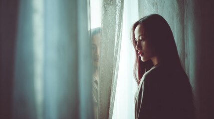 Aufkleber - A woman stands contemplatively, looking into a mirror, with soft light filtering through sheer lace curtains, creating a tranquil and introspective atmosphere