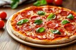 © DriftPixels - Delicious Pepperoni Pizza Close Up on Wooden Table Top View Fresh Basil Leaves Italian Cuisine Restaurant Food