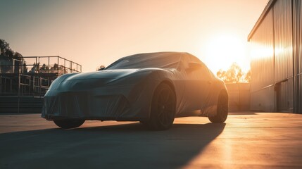 Poster - Wrapped Car Under Sunset with Dramatic Lighting and Shadows