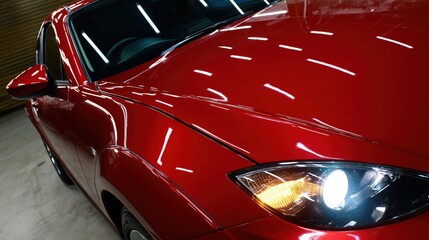 Poster - Shiny Red Car Reflecting Overhead Lights in Indoor Space