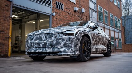 Poster - Camouflaged Car Wrapped in Protective Film at Urban Location