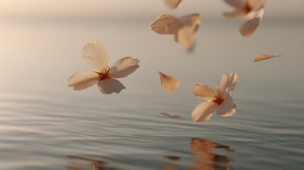 Poster - Two cherry blossoms float gracefully on a calm water surface, reflecting soft light as they embrace the delicate movement of nature in springtime serenity