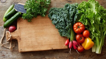 Poster - Fresh vegetables are displayed on a rustic wooden board in a farmers market stall. Blank price tags await pricing, highlighting seasonal produce abundance