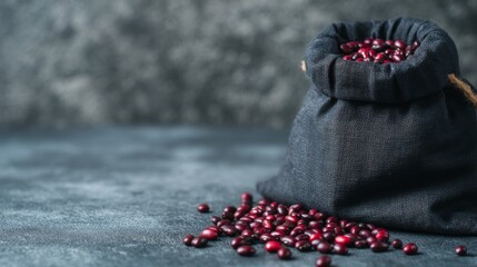Aufkleber - A dark matte bag is filled with rich red beans, positioned on a textured charcoal backdrop. The directional lighting enhances the glossy tones and organic appeal