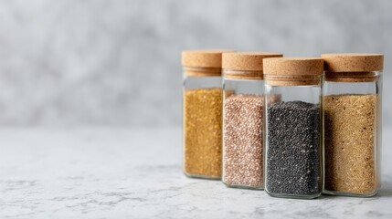 Aufkleber - Three jars filled with chia seeds are positioned diagonally on a white marble surface, exhibiting soft shadows and gentle highlights that enhance their textures