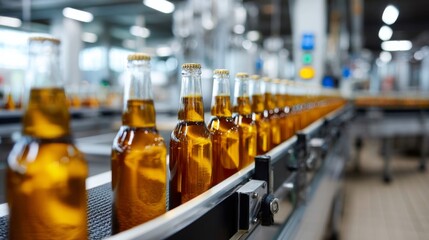 Poster - Amber glass beer bottles are advancing along a metal conveyor belt in a clean and well-lit brewing facility, showcasing the production process in action