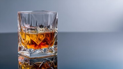 Aufkleber - A full glass of amber whiskey sits elegantly on a reflective surface, showcasing its rich color and clarity in a well-lit commercial photography studio