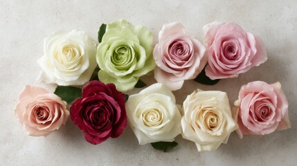 Leinwandbilder - Pastel-colored roses in various hues are elegantly styled on a light surface, creating a beautiful floral arrangement perfect for events or decorations