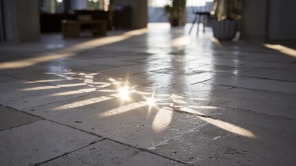 Poster - Sunlight glistens off intricately patterned ceramic tiles, creating vibrant reflections that emphasize their exceptional craftsmanship in a modern interior
