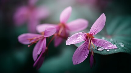 Poster - In a misty garden, delicate pink blossoms are adorned with glistening water beads, nestled among vibrant green leaves, epitomizing the beauty of nature's renewal